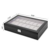 JS NOVA JUNS 24 Watch Box Mens Large Watch Case Lockable Jewelry Display Organizer with Acrylic Lid Black Faux Leather