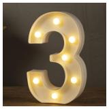 HXWEIYE Light Up Numbers-3, LED Marquee Number Lights Sign 26 Alphabet and 10 Number for Party Bar Birthday, Light Up Letters Battery Powered Warm White Christmas Decoration Numbers Lights - Retail: $