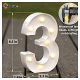HXWEIYE Light Up Numbers-3, LED Marquee Number Lights Sign 26 Alphabet and 10 Number for Party Bar Birthday, Light Up Letters Battery Powered Warm White Christmas Decoration Numbers Lights - Retail: $