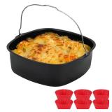 BSDLZCH 8inch Air Fryer Cake Pan, Non-stick Air Fryer Cake Barrel Square Deep Baking Pan Pizza Baking Pan for Instant Pot Cake Tray Basket Kitchen Accessorie Set (with 6 muffin cups) - Retail: $18