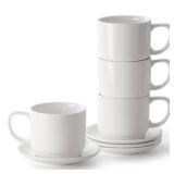 DOWAN 12oz Coffee Mugs, Cappuccino Cup and Saucer Set of 4, White Ceramic Coffee Cups for Latte/Tea/Milk, Tea Cups for Use in Office, Home and Cafes, Microwave Safe - Retail: $36