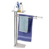 Standing Towel Rack with Weighted Marble Base, Towel Rack Stand with Shelf, 2-Tier Towel Racks for Bathroom, Multiple Spaces Stainless Steel Brushed Finish - Retail: $30