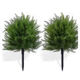 FAJUNZH Artificial Topiary Bushes for Outdoors with Spike, Boxwood Ball Fake Shrubs UV Resistant Faux Plants for Indoor Outdoor Fall Thanksgiving Halloween Decor (Cedar Topiary Ball Trees) - Retail: $