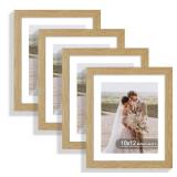 Hongkee 10x12 Picture Frame Set of 4, Made of Real Glass and Natural Oak Frame - Display Picture 8x10 with Mat or 10x12 Without Mat, 10 by 12 Photo for Wall Mounting - Retail: $32