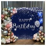 12x8ft Blue Birthday Backdrop Blue and Silver Balloons Glitter Happy Birthday Photography Background for Men Women 30th 50th 60th Birthday Backdrop Party Decorations Banner Studio Photo Booth Props - 