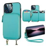 Bocasal RFID Blocking Wallet Case for iPhone 12 Pro Max - Mint Green PU Leather Flip Folio Case with Adjustable Crossbody Wrist Strap, Kickstand, 5G Compatibility - Retail: $30