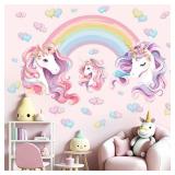 Unicorn Rainbow Wall Stickers for Girls: Peel and Stick Unicornio Cloud Wall Decals - Wall Art Decor Kids Supplies Ages 1 2 3 4 5 6 7 8 9 10 11 12 Year - Retail: $14