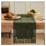 ZeeMart Macrame Style Boho Table Runner, Olive Green Table Runners 60 Inches Long, Farmhouse Woven Home Decor, 12x60 Inch, Olive - Retail: $14