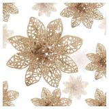 Boao Champagne 24 Pieces Poinsettia Flower Christmas Glitter Artificial Poinsettia with Clips Christmas Tree Ornament Decorations for DIY Xmas Wreath Holiday Home Party Decor, 3/4/6 Inches
