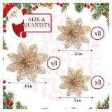 Boao Champagne 24 Pieces Poinsettia Flower Christmas Glitter Artificial Poinsettia with Clips Christmas Tree Ornament Decorations for DIY Xmas Wreath Holiday Home Party Decor, 3/4/6 Inches