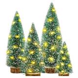 Small Christmas Tree with Lights, 4 Pcs Table Top Mini Christmas Tree with Wooden Bases, LED String Light Small Bottle Brush Pine Tree Decor for Xmas Holiday Party Home Indoor Christmas Decoration - R