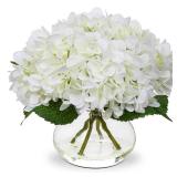 Hollyone Hydrangea Artificial Flowers with Vase White Silk Fake Flowers Arrangements in Glass Vase with Faux Water for Home Bathroom Office Table Centerpiece Shelf Decorations - Retail: $29