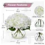 Hollyone Hydrangea Artificial Flowers with Vase White Silk Fake Flowers Arrangements in Glass Vase with Faux Water for Home Bathroom Office Table Centerpiece Shelf Decorations - Retail: $29