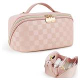 Prite Makeup Bag for Women Travel Waterproof Vegan Leather Cosmetic Bag Open Flat Toiletry Bag With Clear Divider and Handle (Plaid Pink) - Retail: $29