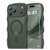 DOMAVER for iPhone 17 Pro Max Case for Women, 1X Screen Protector+1X Wrist Strap, [Compatible with MagSafe] [Full Camera Protection] Cute Wave Matte Phone Case for iPhone 17 Pro Max, Deep Green - Reta