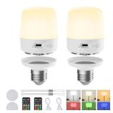 Minetom E26 Rechargeable Light Bulbs with Remote and Timer, Battery Backup Bulb with 12 Colors and Brightness Dimmable, 2300mAh 40W Equivalent LED Light Bulbs for Lamps Sconces Camping, 2 Pack - Retai