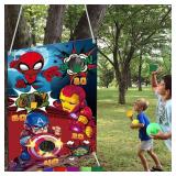 Huoety Superhero Themed Toss Games Banner with 6 Bean Bags-Fun Superhero Indoor Outdoor Throwing Game Party Supplies for Kids in Family Games, Superhero Themed Party, Carnival Games - Retail: $10