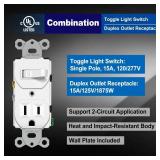 BESTTEN ONE PIECE One Pack Combination Toggle Light Switch and Duplex Receptacle Outlet, Single Pole Toggle Wall Switch, Grounded Outlet, Combo Style, 15 Amp, Wallplate Included, UL Listed, White - Re