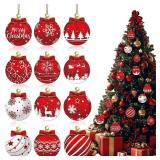 12Pcs Christmas Tree Decorations Xmas Red Gift Ball Hanging Ornament with Bow Snowflake Elk Star Letters Design Wooden Ornaments Cute Christmas Balls Craft Ornaments for Winter Holiday Party Supplies 