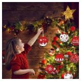 12Pcs Christmas Tree Decorations Xmas Red Gift Ball Hanging Ornament with Bow Snowflake Elk Star Letters Design Wooden Ornaments Cute Christmas Balls Craft Ornaments for Winter Holiday Party Supplies 