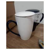 amhomel Porcelain Tea Mug with Infuser and Lid, 16 Ounce Ceramic Tea Cup for Loose Leaf, Coffee, Cocoa and Milk, Tea Gift for Tea Lovers, Set of 2(Navy Blue and White) - Retail: $22