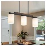 Mecgirn Farmhouse Dining Room Light Fixtures Over Table, Black Pendant Lights for Kitchen Island with Milk Glass Shade, 3 Light Linear Chandelier Lighting with Wood - Retail: $105