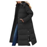 Jyanl Women Long Puffer Coat Thickened Quilted Jacket Winter Warm Parka Jacket Heavyweight Outwear Coat Full Zip Padded Jackets with Removable Hood Side Slits Medium  - Retail: $66