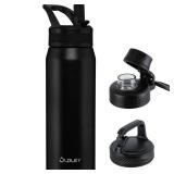 OLDLEY 24 oz Insulated Water Bottle With Straw, Stainless Steel Sports Water Cup Flask with 3 Lids(Straw, Spout and Handle Lid) Double Walled Travel Thermal Canteen Mug,Black - Retail: $20