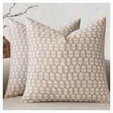 MIULEE Block Print Pillow Covers 18x18 Inch Set of 2, Vintage Floral Throw Pillow Cases Neutral Linen Farmhouse Cushion Covers for Couch Sofa Bed Chair Living Room, Cream Oatmea