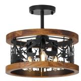 Monyohame Farmhouse Rustic Ceiling Light Fixtures - Deer Bear Design, 3-Light Round E12 Base Black Metal Brown Wood Fixture Ideal for Kitchen, Living Room,Foyer, Bedroom, Hallway, and Rustic Style (Wo