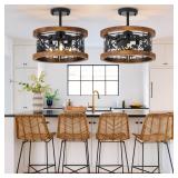 Monyohame Farmhouse Rustic Ceiling Light Fixtures - Deer Bear Design, 3-Light Round E12 Base Black Metal Brown Wood Fixture Ideal for Kitchen, Living Room,Foyer, Bedroom, Hallway, and Rustic Style (Wo