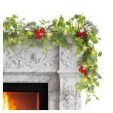 6FT Prelit Christmas Garland with Lights, Realistic Eucalyptus Garland with Artificial Cedar Cypress Leaves Red Berries Pine Cone Greenery Xmas Garland for Mantle Stair Railing Fireplace Decoroation -