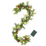 6FT Prelit Christmas Garland with Lights, Realistic Eucalyptus Garland with Artificial Cedar Cypress Leaves Red Berries Pine Cone Greenery Xmas Garland for Mantle Stair Railing Fireplace Decoroation -