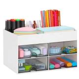 LETURE Desktop Organizer with Drawer, Accessories Stationary Organizer Desk Caddy, Pen/Pencil/Business Card/Sticky Note Tray/Paperclip Holder Storage Box (White) (Corner Cracked) - Retail: $10