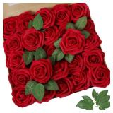 AmyHomie Artificial Flower Dark Red Rose 25pcs Real Looking Fake Roses w/Stem for DIY Wedding Bouquets Centerpieces Arrangements Party Baby Shower Valentines Day Christmas Tree Decorations - Retail: $