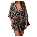 PRETTYGARDEN Womens Summer Knot Front V Neck Ruffles Short Sleeve Floral Print Swing Sexy One Piece Jumpsuits Shorts (Brown, XX-Large) - Retail: $27