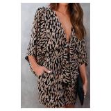 PRETTYGARDEN Womens Summer Knot Front V Neck Ruffles Short Sleeve Floral Print Swing Sexy One Piece Jumpsuits Shorts (Brown, XX-Large) - Retail: $27