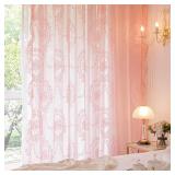 Deeprove Pink Lace Curtains 96 Inches Long 2 Panels Set, Sheer Florals Scallop Ruffle Edge, Chic Vintage Window Treatment Pair Decor Drapes for Girl