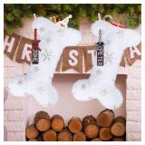 CCINEE 2Pack Pet Dog Personalized Christmas Stockings with Wooden Name Tag, Large Bone Shape Xmas Glitter Snowflake Plush Hanging Stockings for Christmas Tree Wall Fireplace Home Decoration - Retail: 