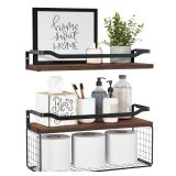WOPITUES Floating Shelves with Wire Storage Basket, Bathroom Shelves Over Toilet with Protective Metal Guardrail, Wood Wall Shelves for Bathroom, Bedroom, Living Room, Toilet Paper- Dark Brown - Retai