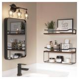 WOPITUES Floating Shelves with Wire Storage Basket, Bathroom Shelves Over Toilet with Protective Metal Guardrail, Wood Wall Shelves for Bathroom, Bedroom, Living Room, Toilet Paper- Dark Brown - Retai