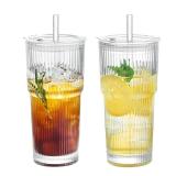 Puraville 2 Pack 20oz Glass Cups with Lids and Straws, Vintage Ribbed Glassware for Whiskey Cocktail Beer, Mason Jar Drinking Glasses Tumbler Iced Coffee Cup - Retail: $17