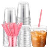 Ziliny 50 Sets Clear Plastic Cups with Heart Shaped Straws and Lids, Disposable Iced Coffee Cups Drinking Pet for Cold Drinks, Valentine
