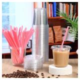 Ziliny 50 Sets Clear Plastic Cups with Heart Shaped Straws and Lids, Disposable Iced Coffee Cups Drinking Pet for Cold Drinks, Valentine
