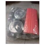 Ziliny 50 Sets Clear Plastic Cups with Heart Shaped Straws and Lids, Disposable Iced Coffee Cups Drinking Pet for Cold Drinks, Valentine