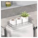 JNFUZ Toilet Paper Basket, 13 Inch Oak and Iron Bathroom Tank Tray Top of Toilet Storage Toiletries Organizer for Bathroom, Living Room and Kitchen (White) - Retail: $23