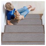 Non-Slip Stair Treads for Wooden Steps Indoor, 15 Pack 9" X 28" Stair Carpet Mats with TPE Backing for Kids Elders and Dogs, 0.3" Thick 100% Polyester Soft Stair Runner Rug, Light Grey - Retail: $41