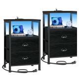 Furologee Nightstands Set of 2, End Tables with Charging Station and LED Lights, Black Night Stands with 2 Fabric Drawers, Bedside Tables Set of 2 for Living Room/Bedroom,Black Oak - Retail: $80