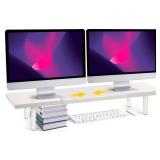 Across-Star Dual-Monitor-Stand-Riser-For-Desk Adjustable Length 32-40 Inch Large Desktop Computer Monitor Riser For 2 Screens Desk Shelf Organizer Riser Stand For Computer/Laptop/PC/Printer/TV White -