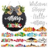 Yuntau 20 Pcs Seasonal Front Door Sign for All Seasons Hanging Interchangeable Holiday Welcome Sign, Rustic Round Wood Wreaths Wall Hanging Outdoor Indoor Farmhouse Front Door Home Decor(Black) - Reta
